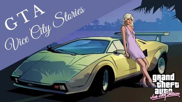 GTA Vice City Stories game's image in which a girl in baby pink is standing with yellow car.