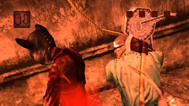 A man trying to kill another man with axe in Manhunt 2 Rockstar's game.