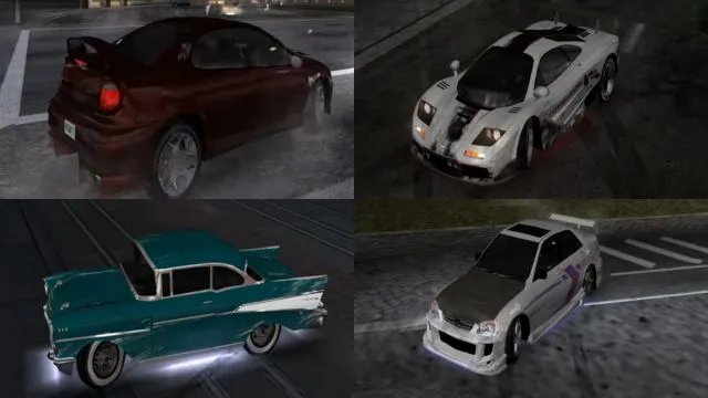 A dark maroon racing car, white racing car, gray racing car and a blue old style racing car on racing track in Midnight Club 3 Dub Edition Rockstar's best android game.