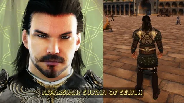 A young sultan face on left and he i on a mission with bared hand on right in the Alparslan Sultan of Seljuk offline mission games.
