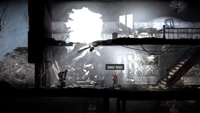 A son is saying daddy daddy and run towards his daddy to hug him. Everything is black and white only in this war of mine offline story mission game for android.
