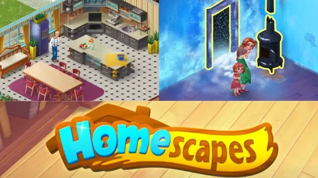 Homescapes game which is puzzle offline games for android under 200MB in which one middle age man standing in kitchen and one young aged women with child standing in a cold room where furnace is not working.