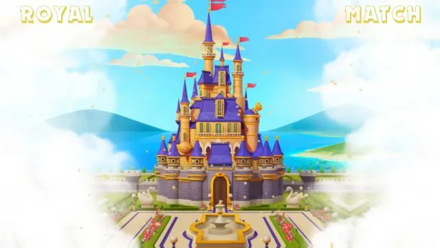 Royale match puzzle game for Android under 200MB in which as castle is blue and golden color is visible from clouds.