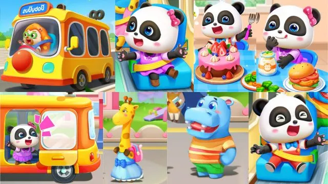 Yellow color buses, pandas, and other animals in Baby Panda's School Bus simulator game for android.