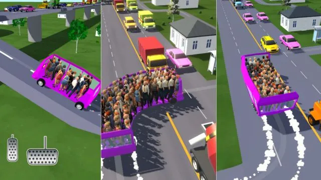 purple color buses on road having heavy traffic are full of passengers in Bus Arrival best driving simulator game for android.