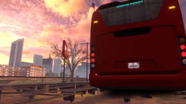 Back side of red color bus running on road in the evening in Bus Simulator 2023 game.