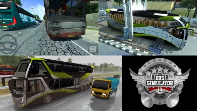 Old and new buses in dust in Bus Simulator Indonesia driving game.