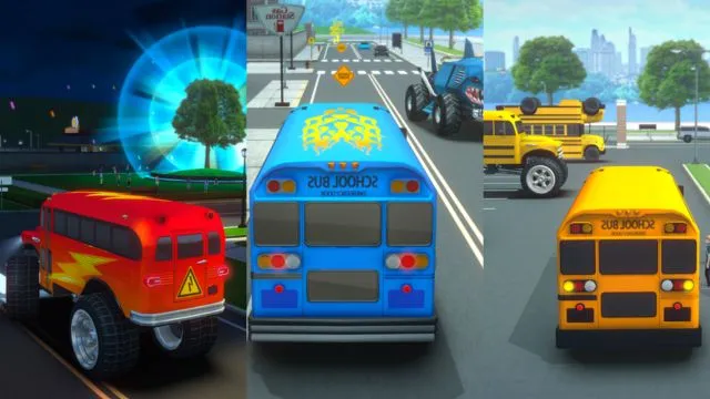 Red, blue, and yellow school buses in School Bus Simulator Driving game for Android