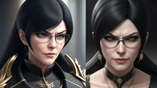 Bayonetta angry female game character wearing specs.
