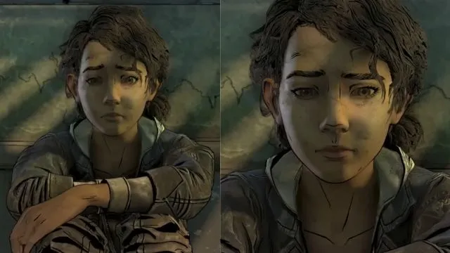 A 15 years old female game character Clementine sitting on the floor.