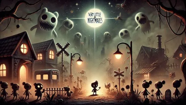 The image shows a scene from the game "Very Little Nightmares," featuring a small character in a yellow raincoat navigating through a dark and eerie environment. The character is surrounded by oversized furniture and ominous shadows, creating a sense of vulnerability and tension. The background includes dim lighting and intricate details that highlight the game's creepy and atmospheric art style.