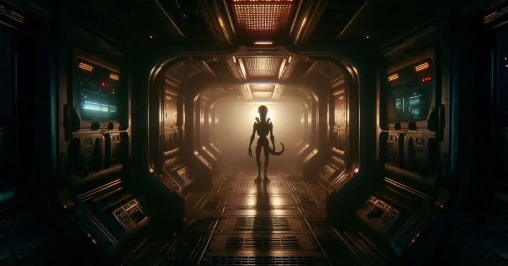 A suspenseful scene from the AI game Alien: Isolation depicting a dark and eerie setting with a tense atmosphere."