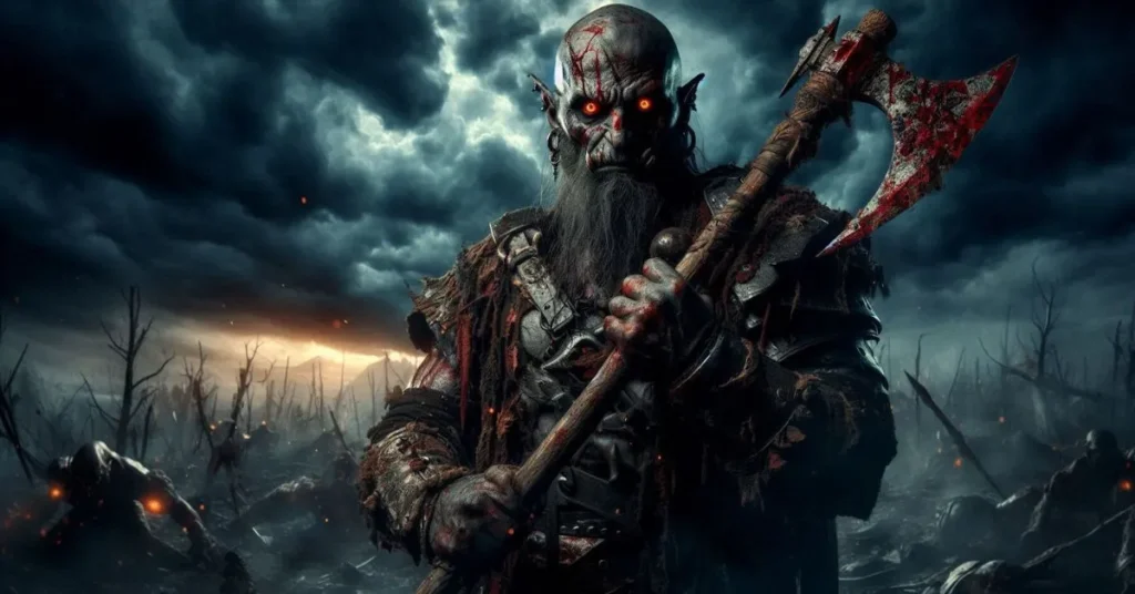 A menacing orc warrior with glowing red eyes and bloodstained armor stands in a dark, war-torn battlefield holding a massive, blood-covered axe. The sky is stormy and ominous, with broken spears and fallen enemies scattered across the landscape. The scene is from the AI game Middle Earth: Shadow of Mordor / War, showcasing the grim and intense atmosphere of Mordor.