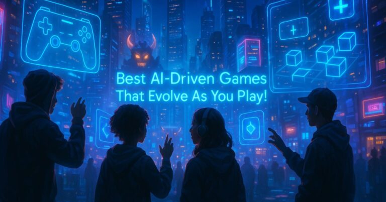 A breathtaking, futuristic cityscape at night, rendered in hyperrealistic detail. Silhouettes of diverse Gen Z avatars are visible, interacting with holographic game interfaces that overlay the real world. The color palette should be dominated by cool blues and purples with streaks of neon. The overall mood should be exciting, immersive, and hint at the limitless possibilities of AI-powered gaming. The title "Best AI-Driven Games That Evolve As You Play!" should be subtly integrated into the image as a glowing neon sign or holographic text.