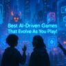 A breathtaking, futuristic cityscape at night, rendered in hyperrealistic detail. Silhouettes of diverse Gen Z avatars are visible, interacting with holographic game interfaces that overlay the real world. The color palette should be dominated by cool blues and purples with streaks of neon. The overall mood should be exciting, immersive, and hint at the limitless possibilities of AI-powered gaming. The title "Best AI-Driven Games That Evolve As You Play!" should be subtly integrated into the image as a glowing neon sign or holographic text.