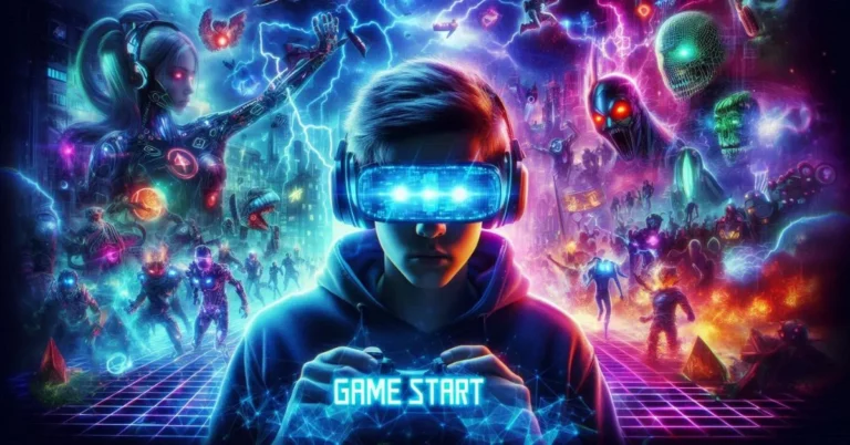 A person playing AI video game with headphones on, surrounded by vibrant neon lights and futuristic elements.